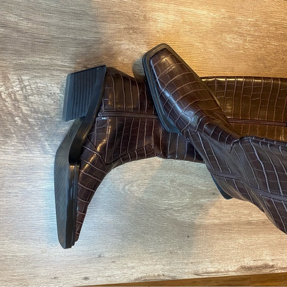Zara Dark Brown Croc Embossed Knee-High Boots - Picture 9 of 14